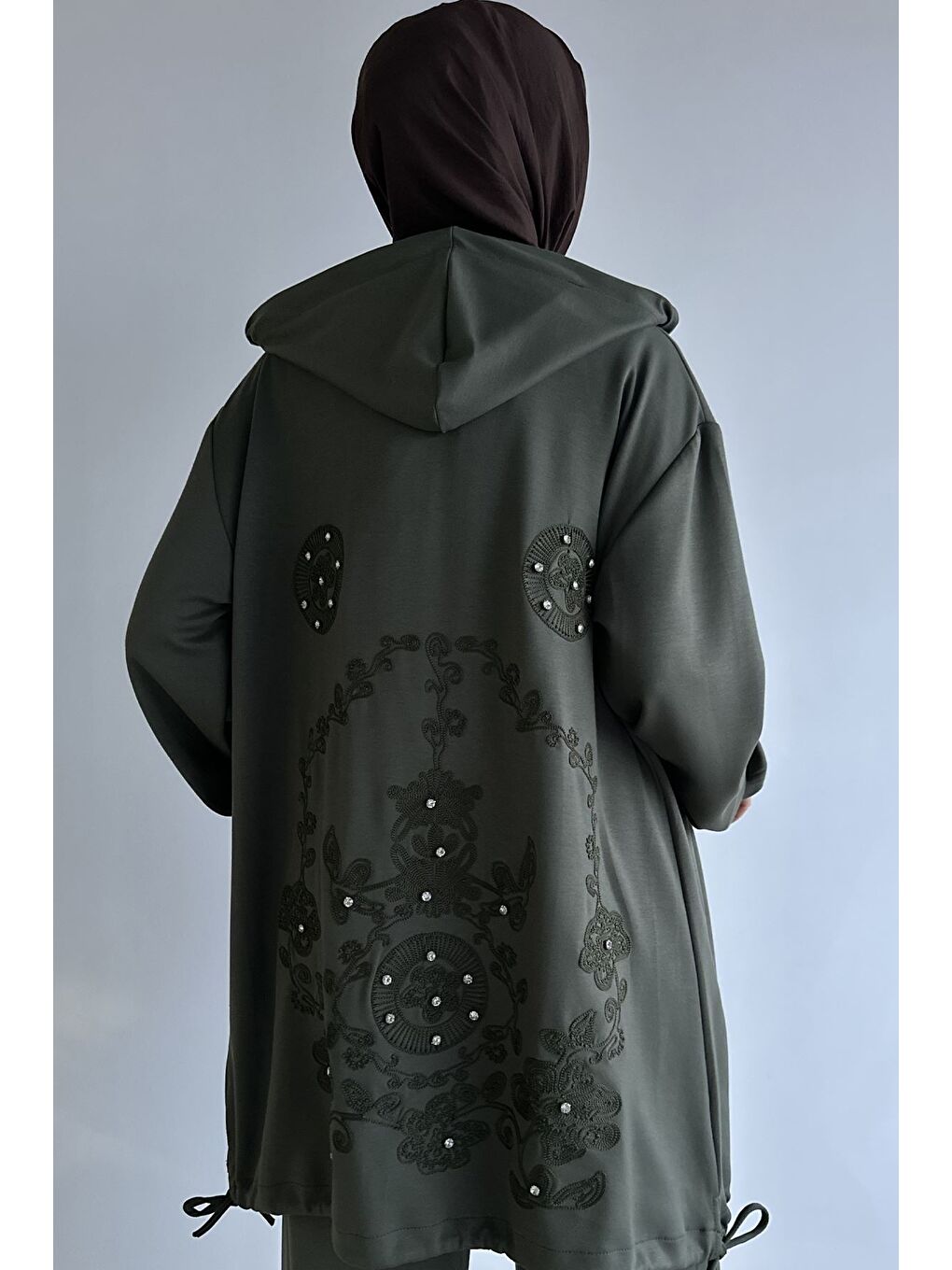 Haki Ön Fermuarlı Kapüşonlu Tunik Bel Lastikli Pantolon Tesettür İkili Takım-6