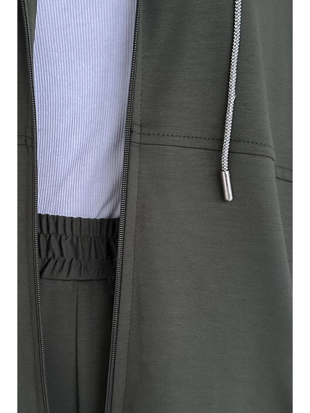 Haki Ön Fermuarlı Kapüşonlu Tunik Bel Lastikli Pantolon Tesettür İkili Takım-8