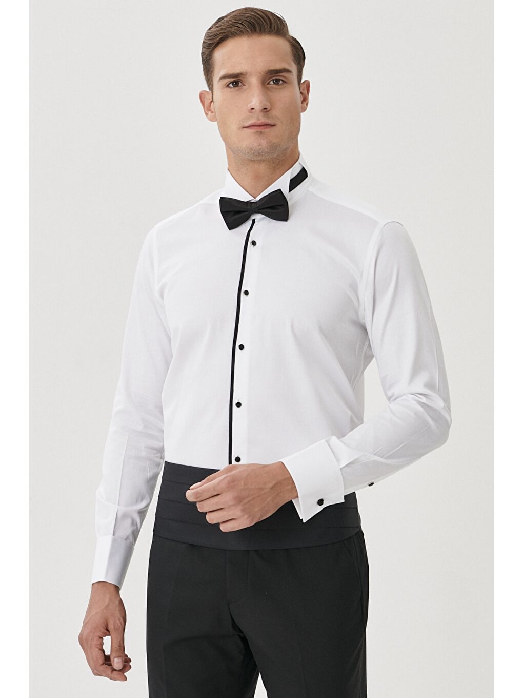 Erkek Beyaz-Siyah Damatlık Ata Yaka Tailored Slim Fit Gömlek-3