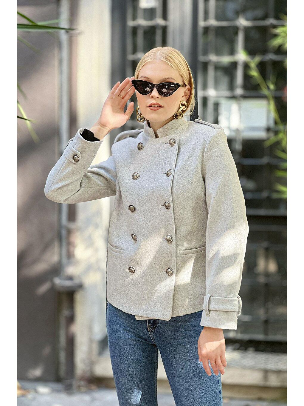 Gri Komutan Hakim Yaka Düğmeli Kaşe CEKET