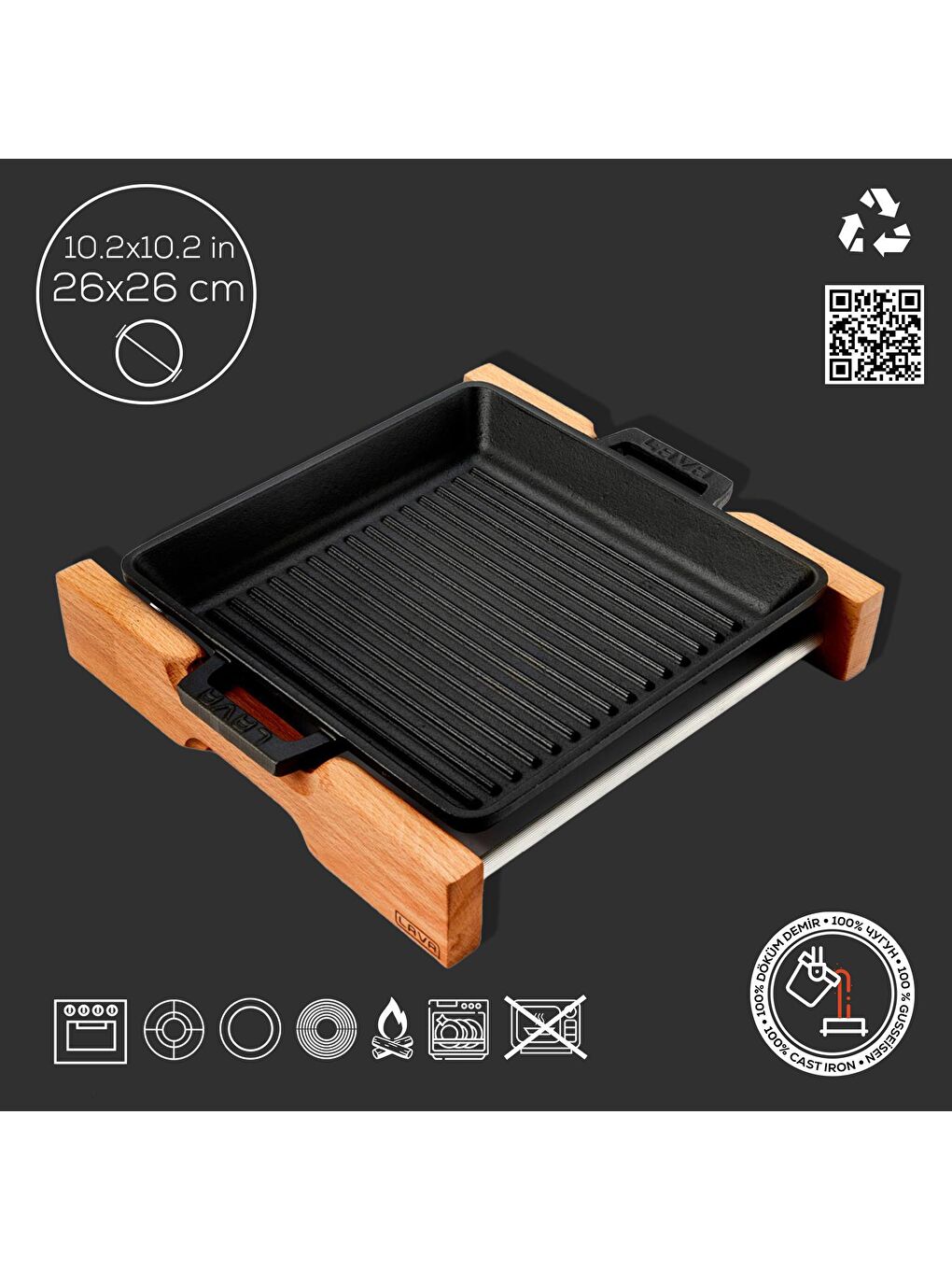 Siyah Kare Izgara Tavası Kayın Servis Ahşabı Döküm Demir Yekpare Çift Kulplu Ölçü 26x26cm.-3