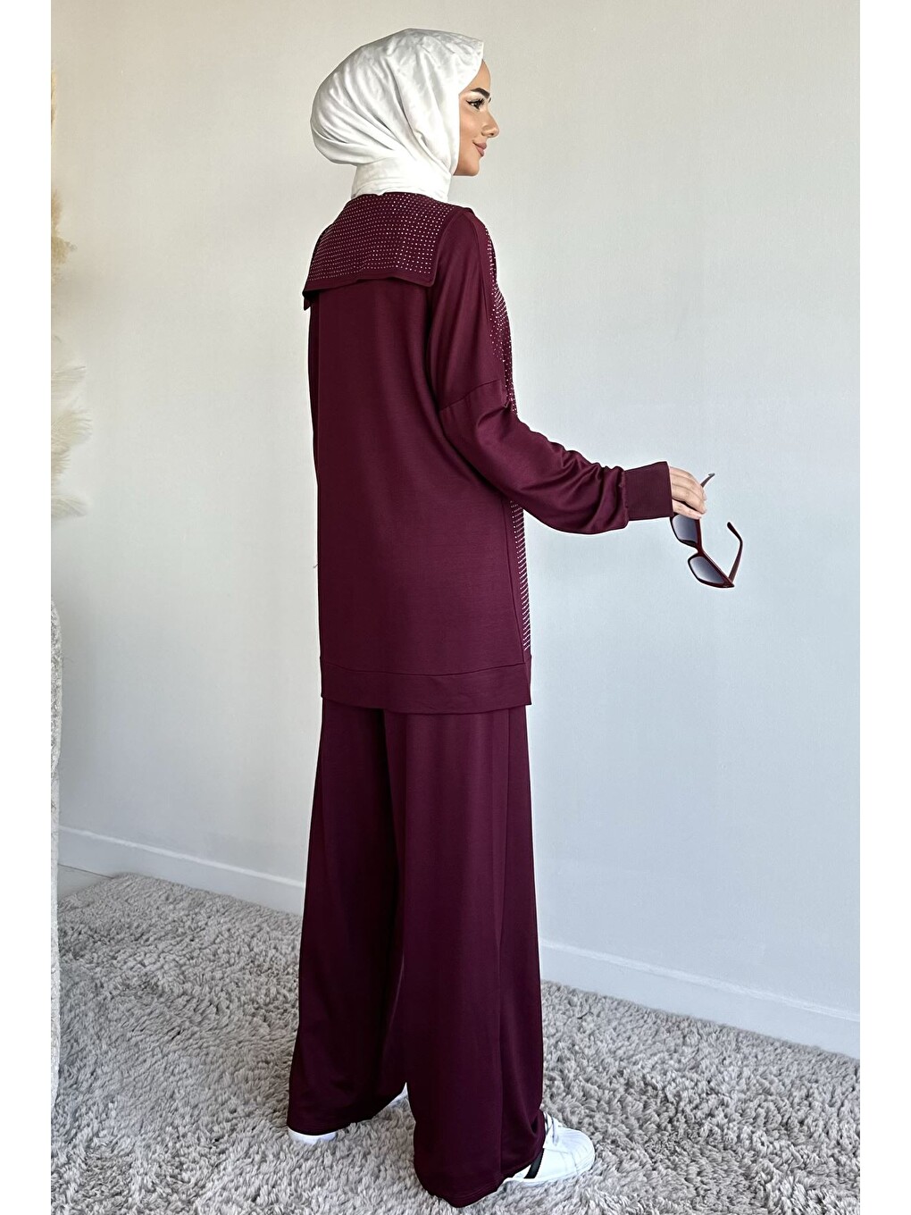 Mürdüm Ön Boydan Fermuarlı Taş İşlemeli Tunik Bel Lastikli Pantolon Tesettür İkili Takım-5