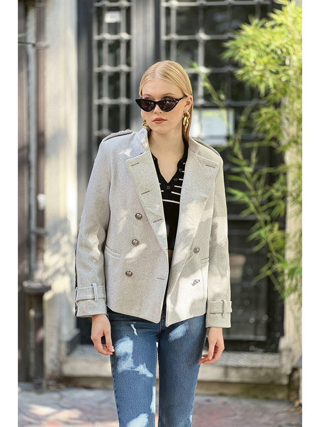 Gri Komutan Hakim Yaka Düğmeli Kaşe CEKET-1