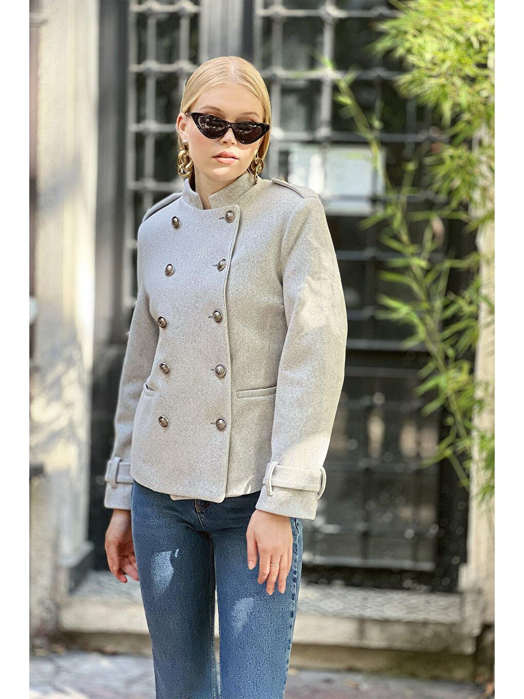 Gri Komutan Hakim Yaka Düğmeli Kaşe CEKET-3