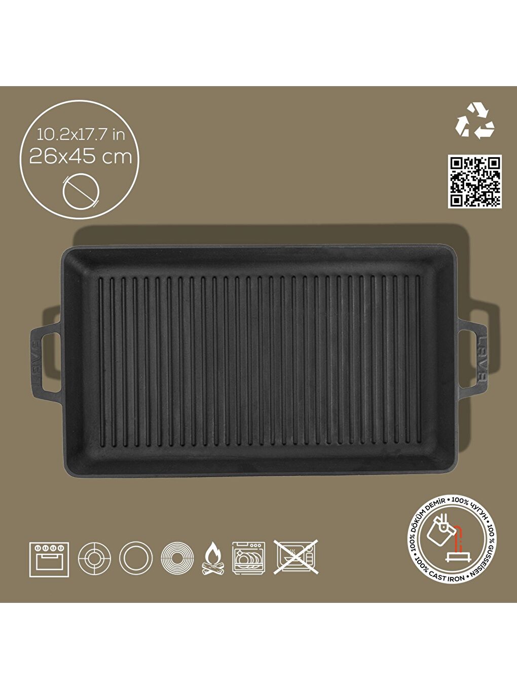 Siyah Dikdörtgen Izgara Tavası Döküm Demir Yekpare Çift Kulplu Ölçü 26x45cm.-3