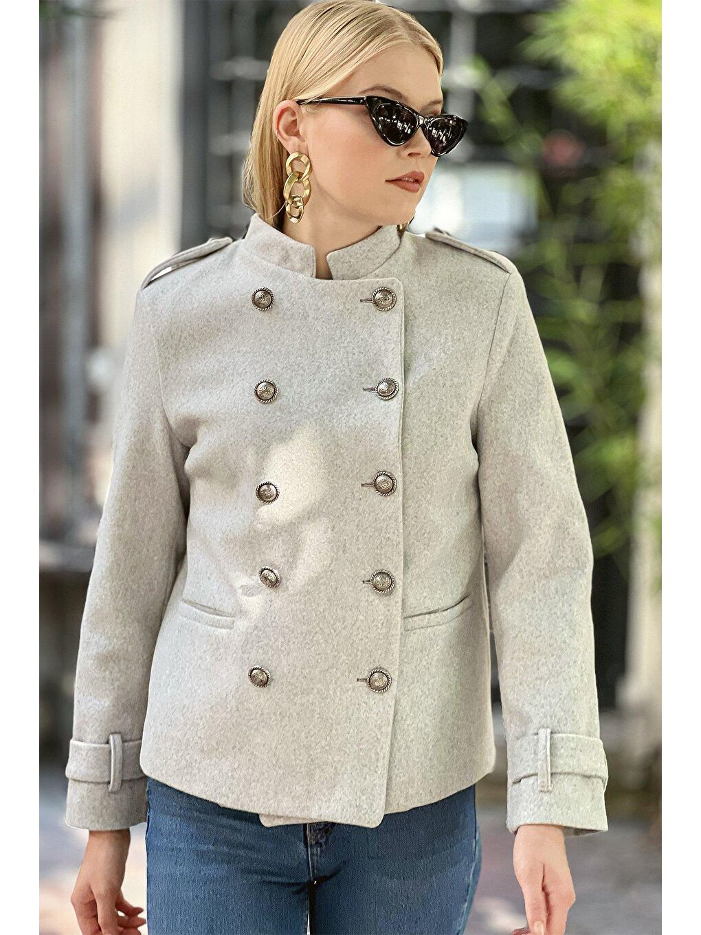 Gri Komutan Hakim Yaka Düğmeli Kaşe CEKET-4