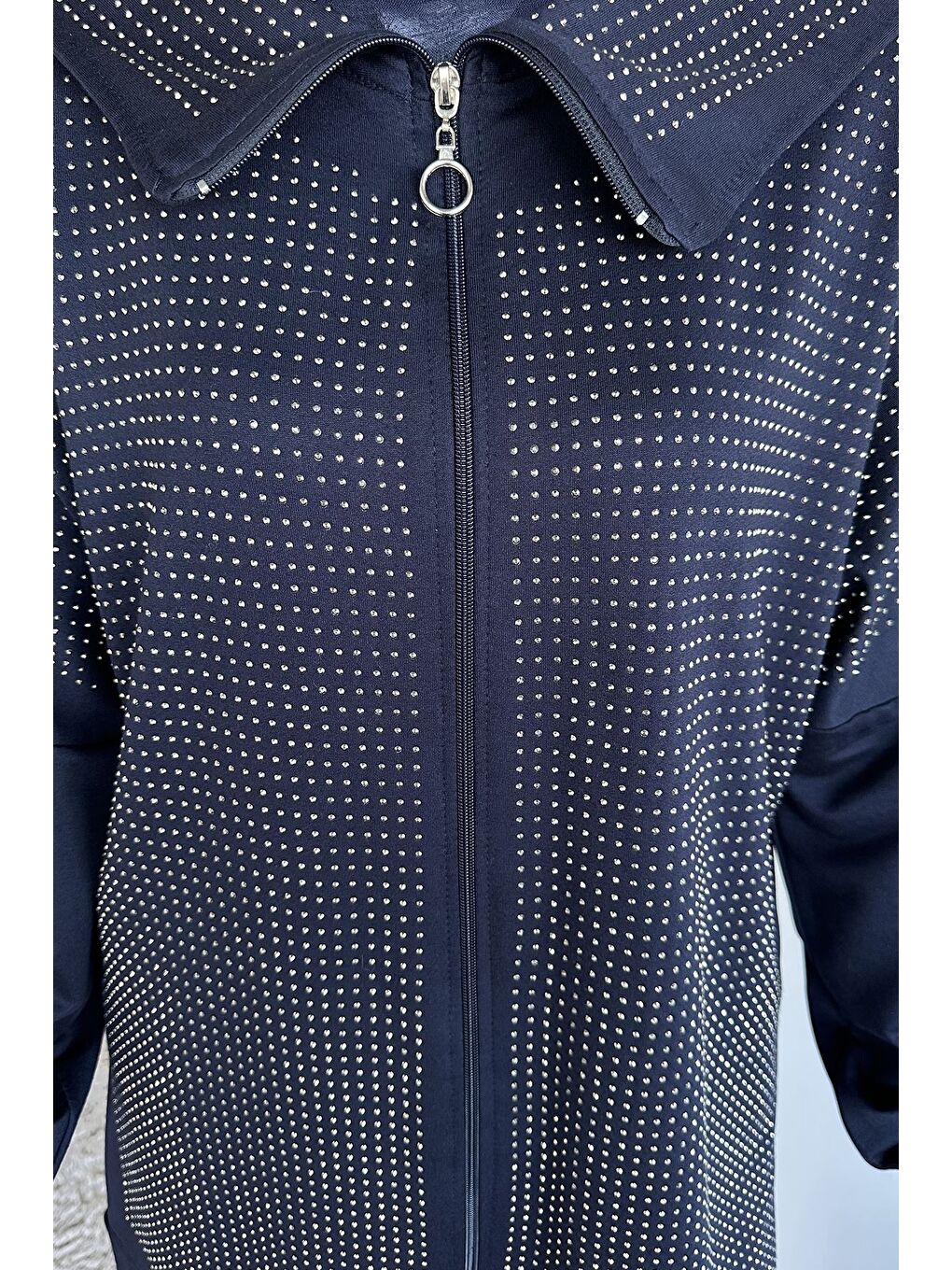 Lacivert Ön Boydan Fermuarlı Taş İşlemeli Tunik Bel Lastikli Pantolon Tesettür İkili Takım-9