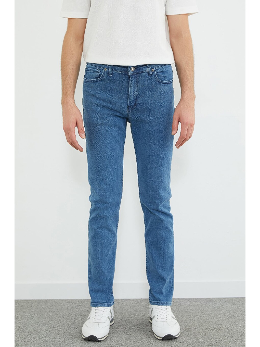 Mavi Fermuarlı Straight Jean Pantolon-1