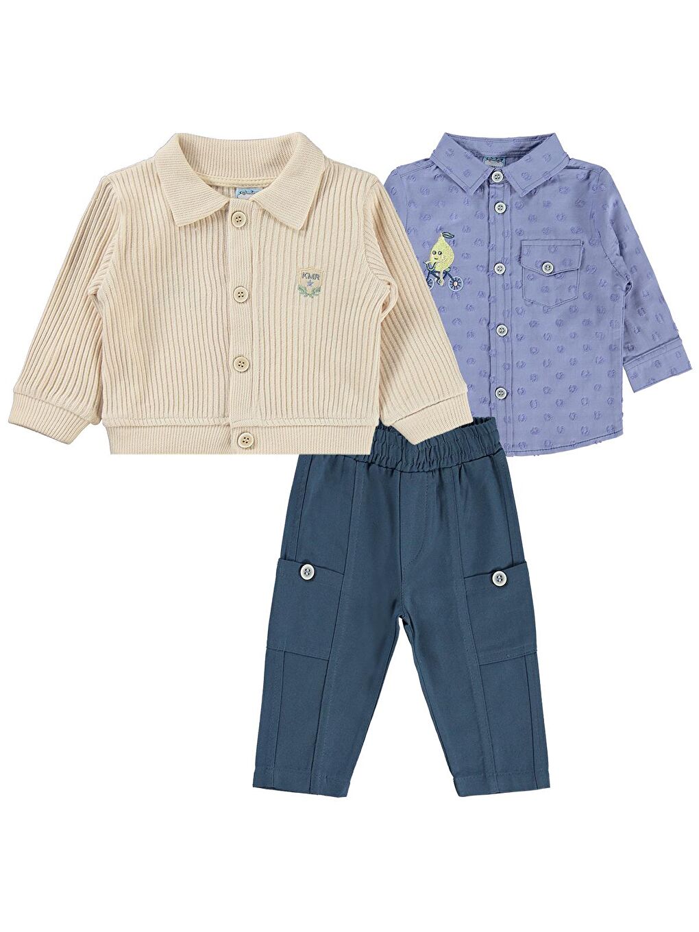 İndigo Hırka Nakışlı Gömlek Pantolon 6-18 Ay Takım - Mavi 6-9 Ay-3