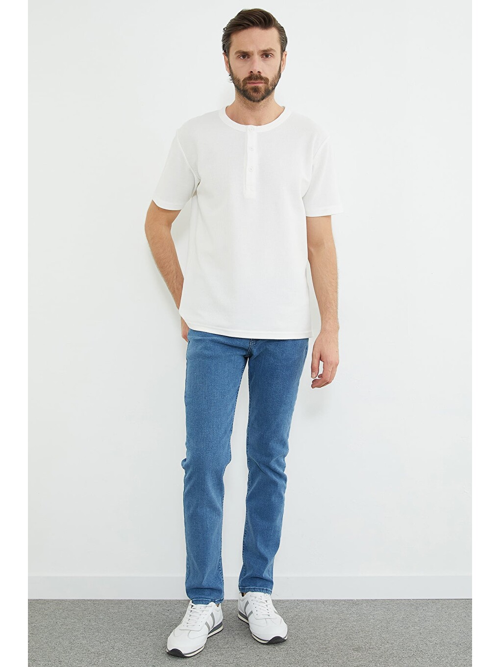 Mavi Fermuarlı Straight Jean Pantolon-3