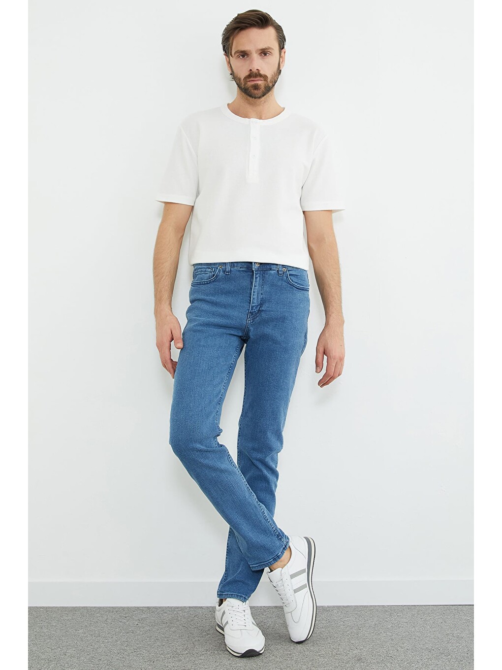 Mavi Fermuarlı Straight Jean Pantolon-4