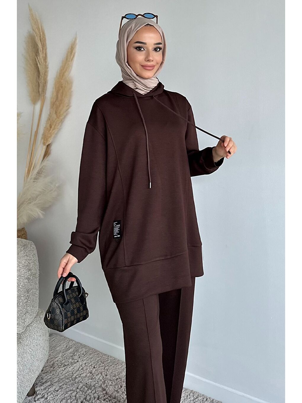 Kahverengi Kapüşonlu Tunik Pantolon Tesettür İkili Takım-3