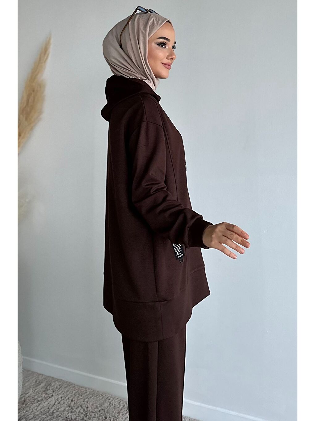 Kahverengi Kapüşonlu Tunik Pantolon Tesettür İkili Takım-5