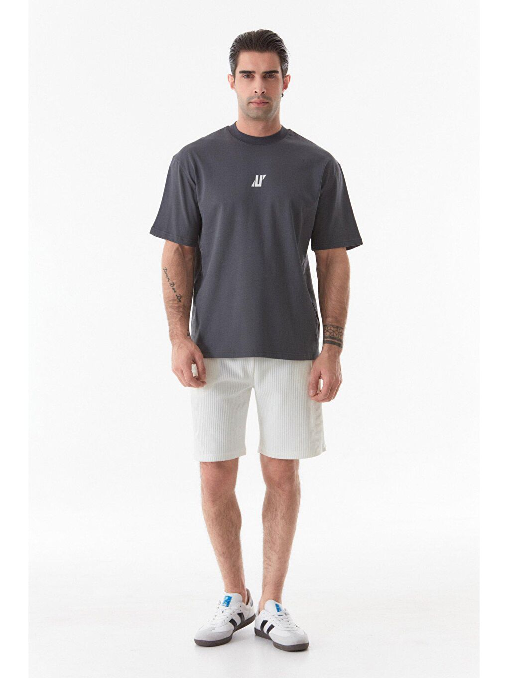 Antrasit Baskılı Bisiklet Yaka Tişört-4