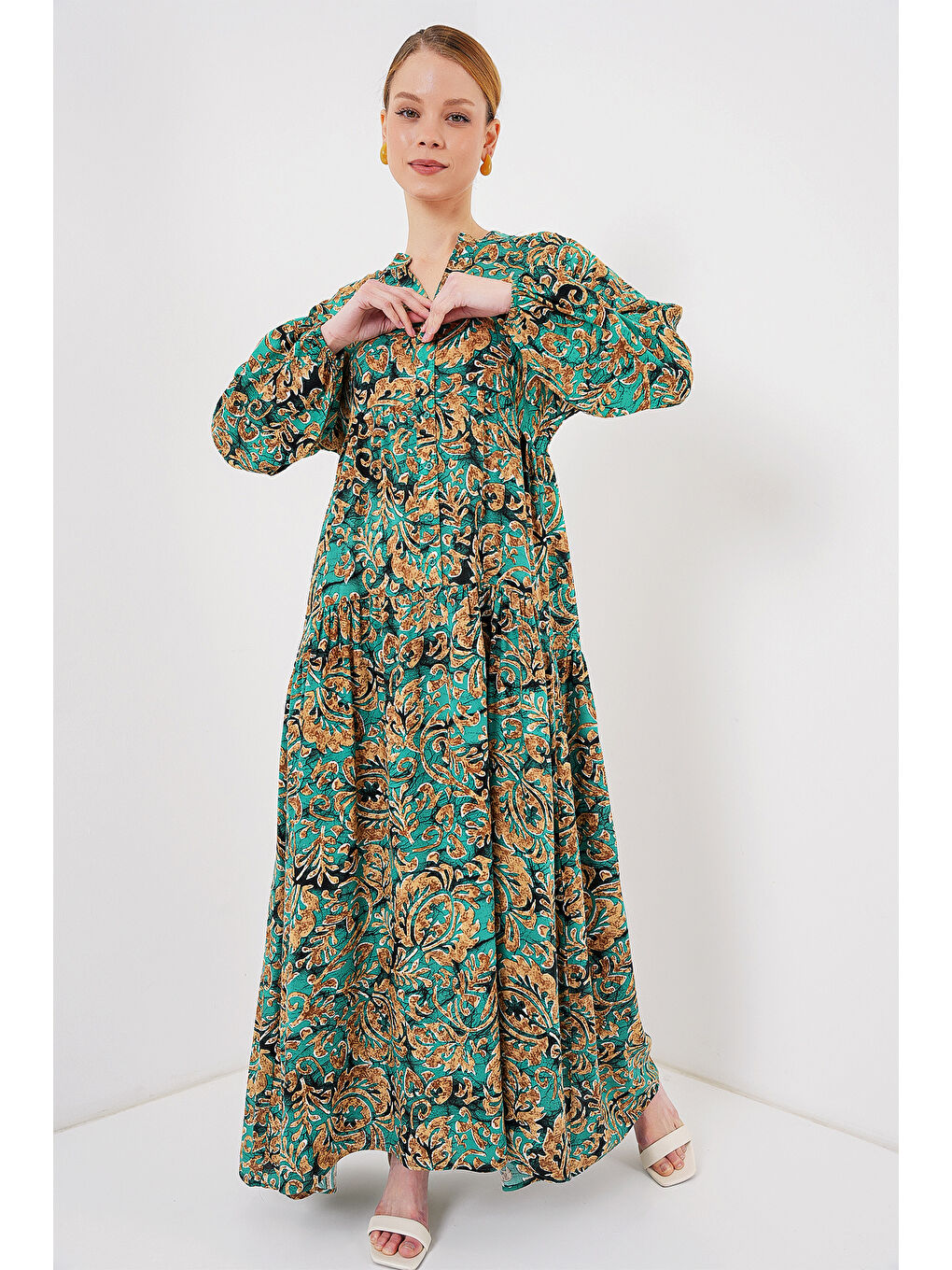 2423 Otantik Desenli Tesettür Elbise - Y. Su Yeşili-1