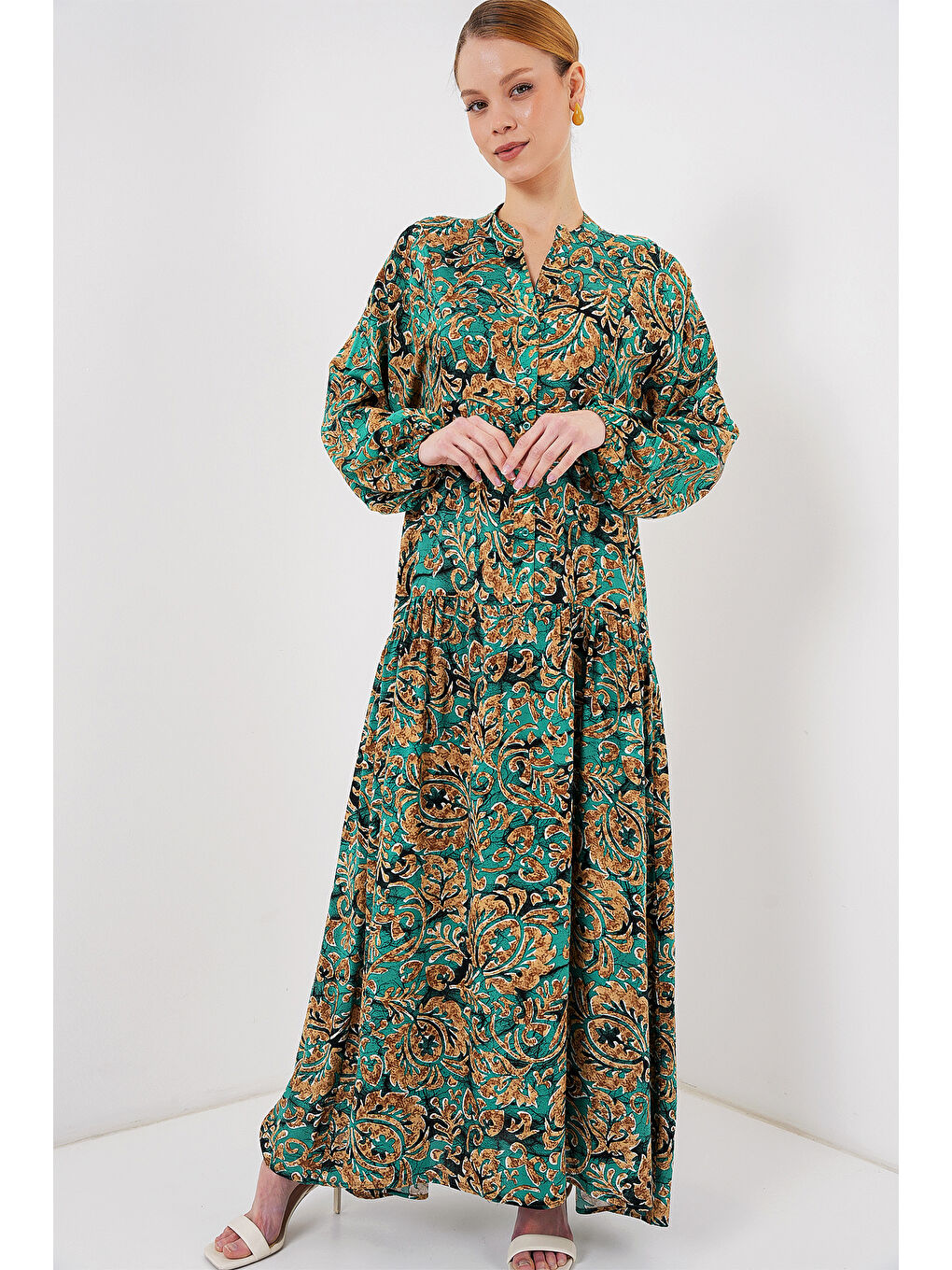 2423 Otantik Desenli Tesettür Elbise - Y. Su Yeşili-2