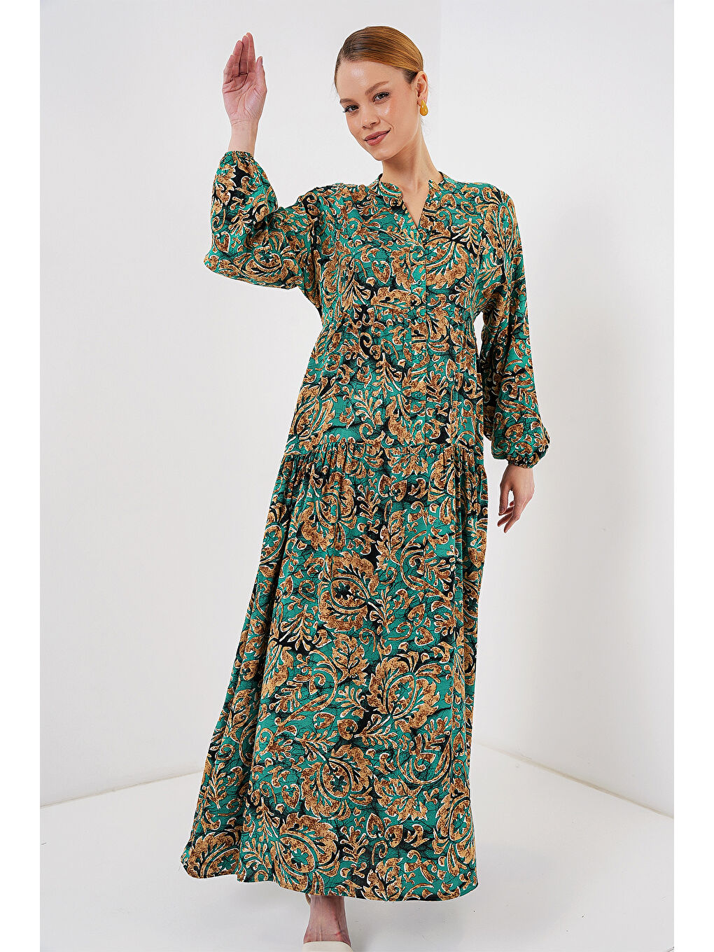 2423 Otantik Desenli Tesettür Elbise - Y. Su Yeşili-5