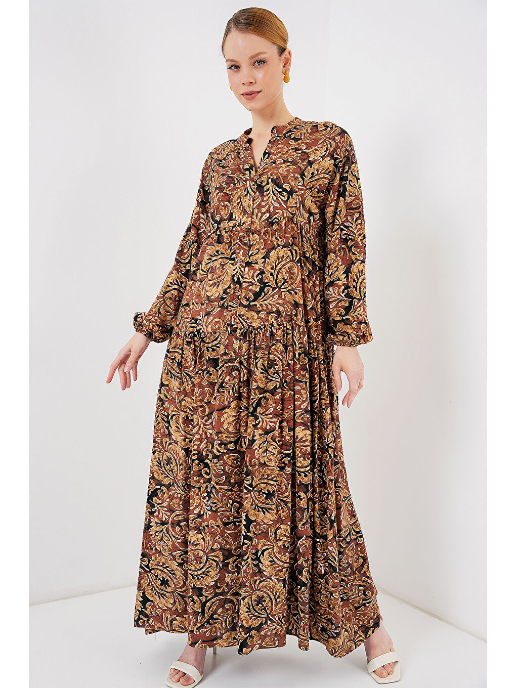 Sarı 2423 Otantik Desenli Tesettür Elbise - Camel-1