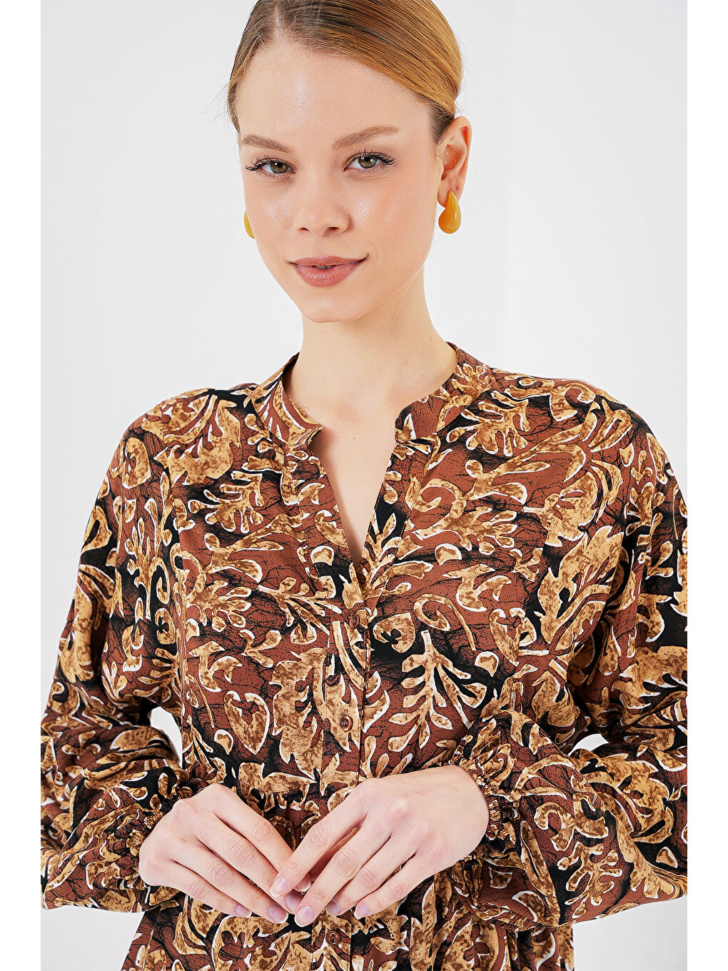 Sarı 2423 Otantik Desenli Tesettür Elbise - Camel-2