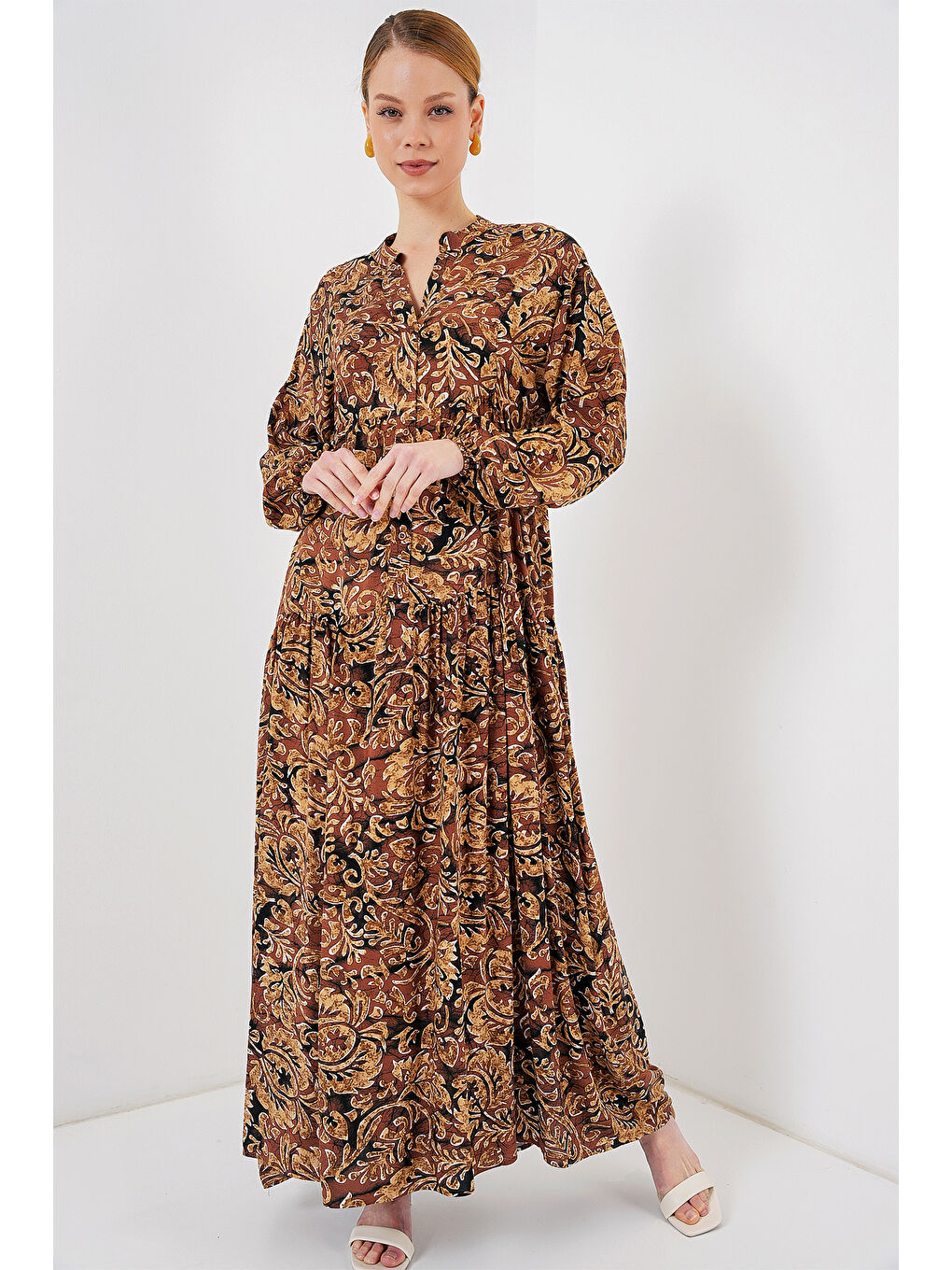 Sarı 2423 Otantik Desenli Tesettür Elbise - Camel-3