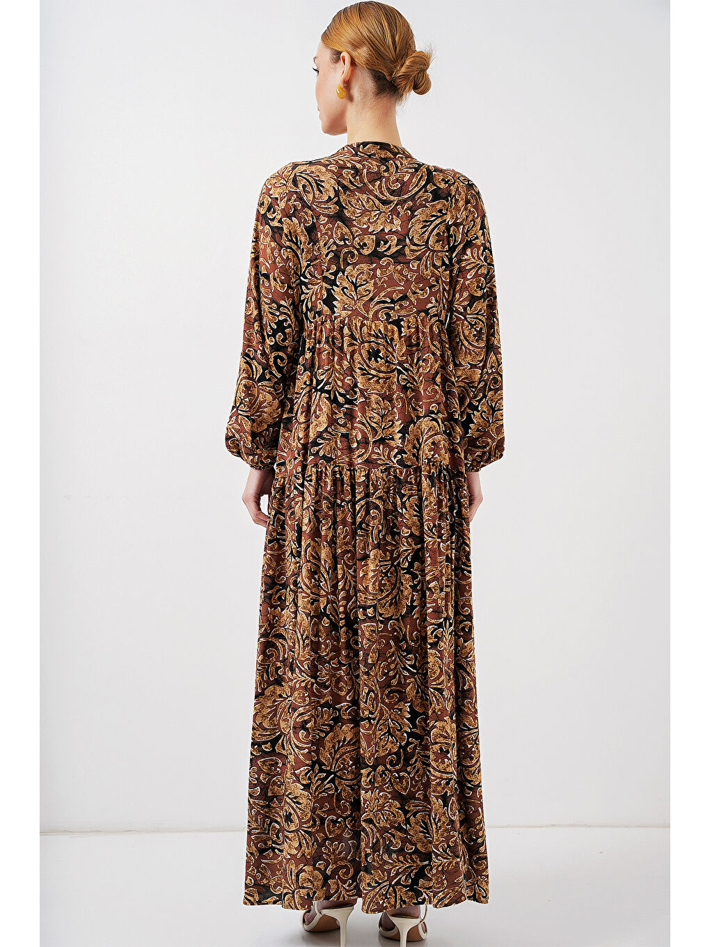 Sarı 2423 Otantik Desenli Tesettür Elbise - Camel-5