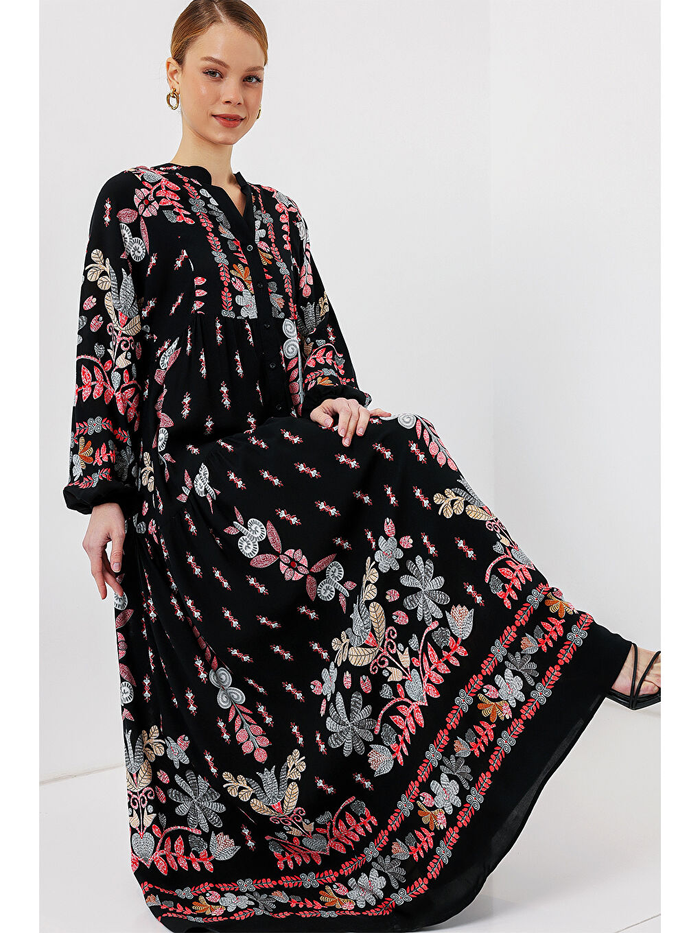 Kahverengi 2423 Otantik Desenli Tesettür Elbise - Siyah - Kiremit