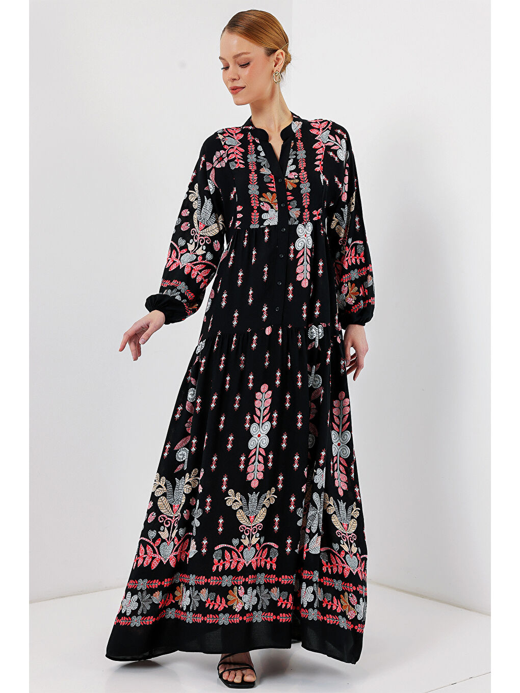 Kahverengi 2423 Otantik Desenli Tesettür Elbise - Siyah - Kiremit-1