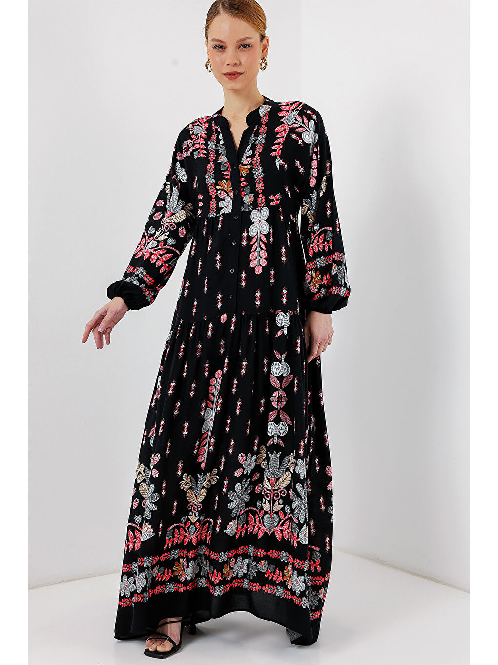 Kahverengi 2423 Otantik Desenli Tesettür Elbise - Siyah - Kiremit-3