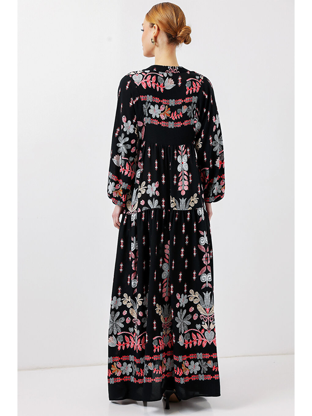 Kahverengi 2423 Otantik Desenli Tesettür Elbise - Siyah - Kiremit-5