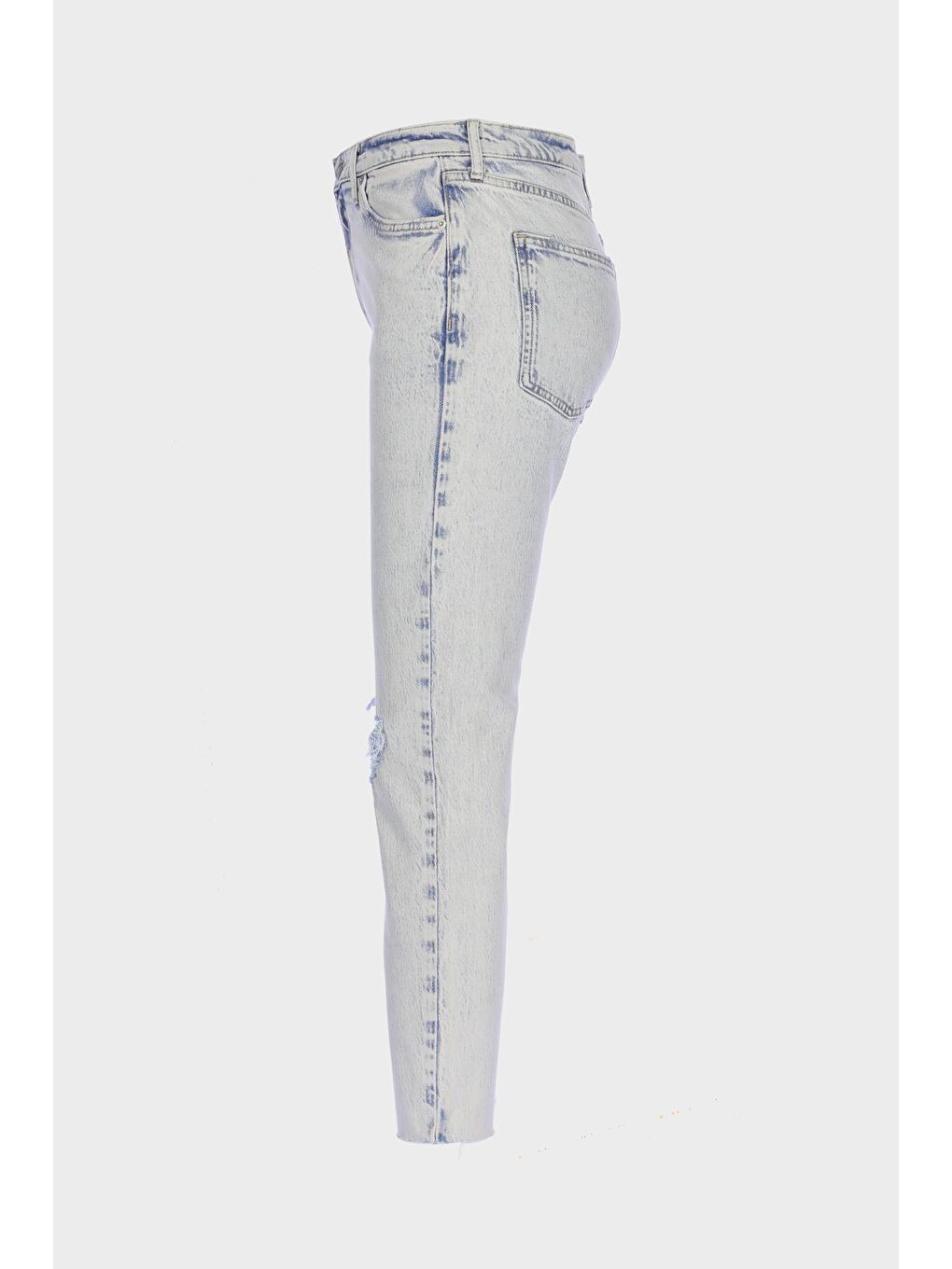 CROSS JEANS Mavi Sydney Asit Yıkamalı Yüksek Bel Dizi Yırtıklı Fermuarlı Slim Straight Jean Pantolon C 4529-033 - 1