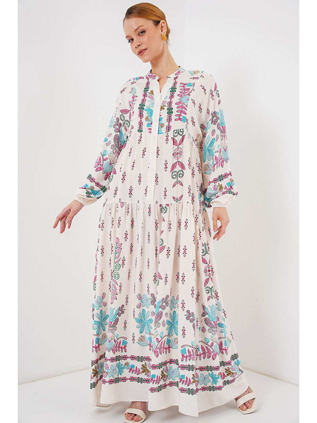 2423 Otantik Desenli Tesettür Elbise - B.Pembe