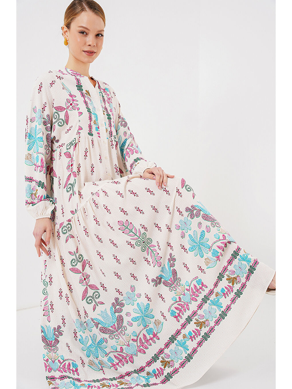 2423 Otantik Desenli Tesettür Elbise - B.Pembe-1