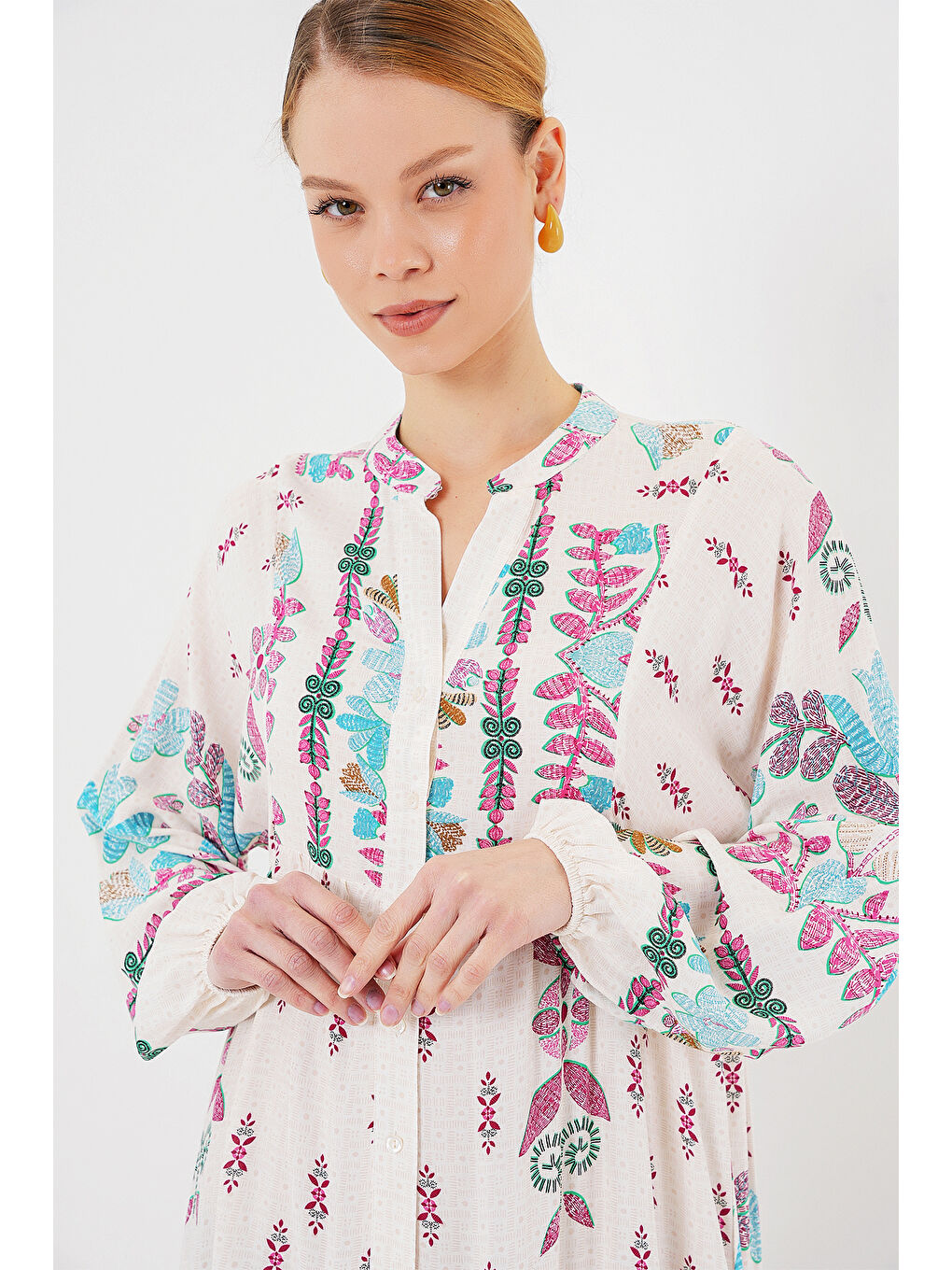 2423 Otantik Desenli Tesettür Elbise - B.Pembe-2