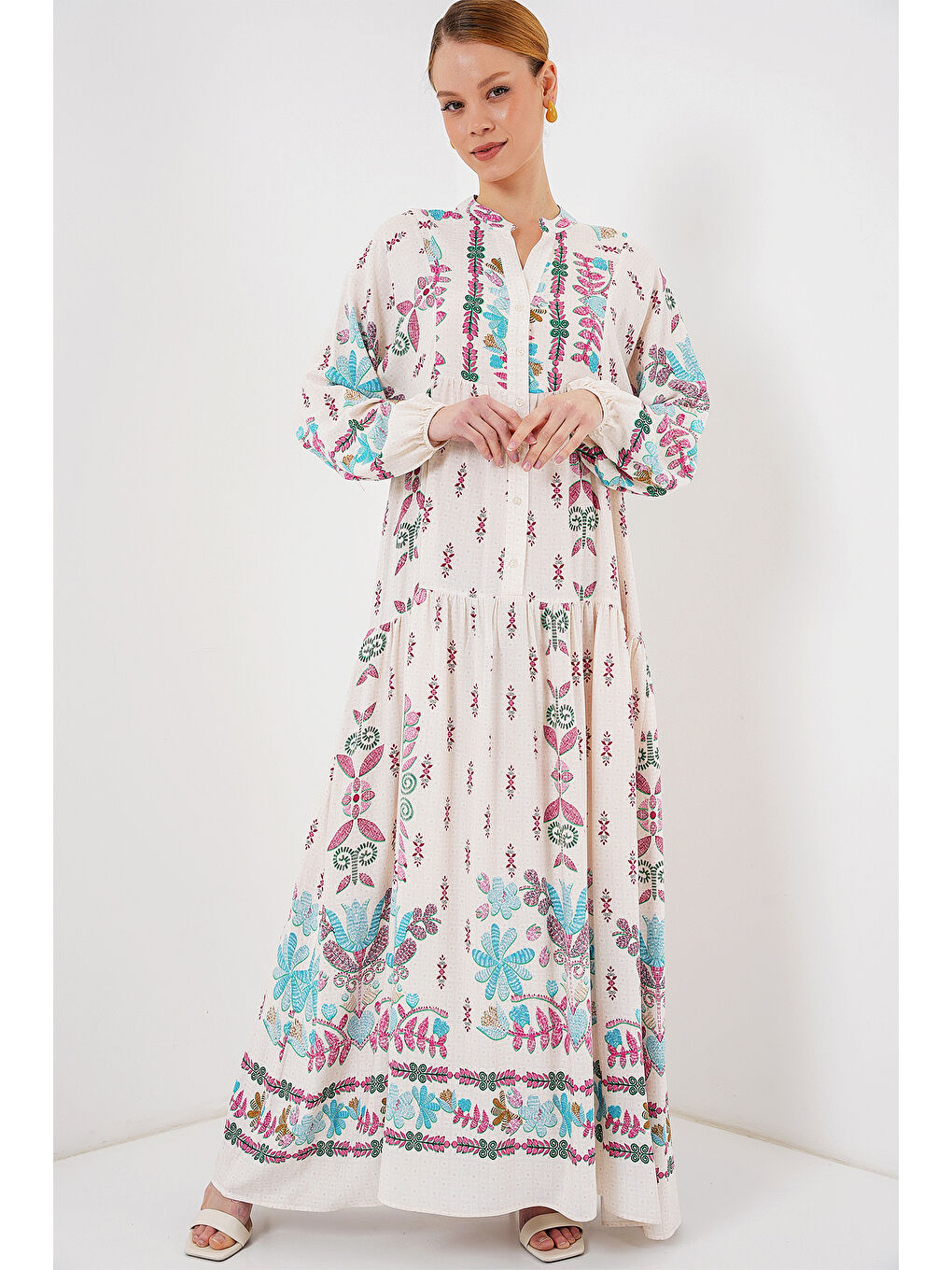 2423 Otantik Desenli Tesettür Elbise - B.Pembe-3