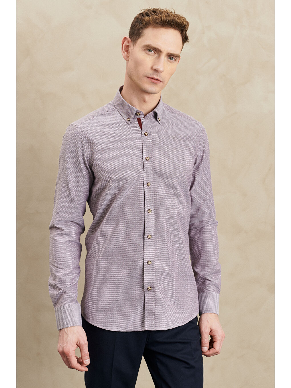 Erkek Bordo Slim Fit Dar Kesim Düğmeli Yaka Armürlü Gömlek