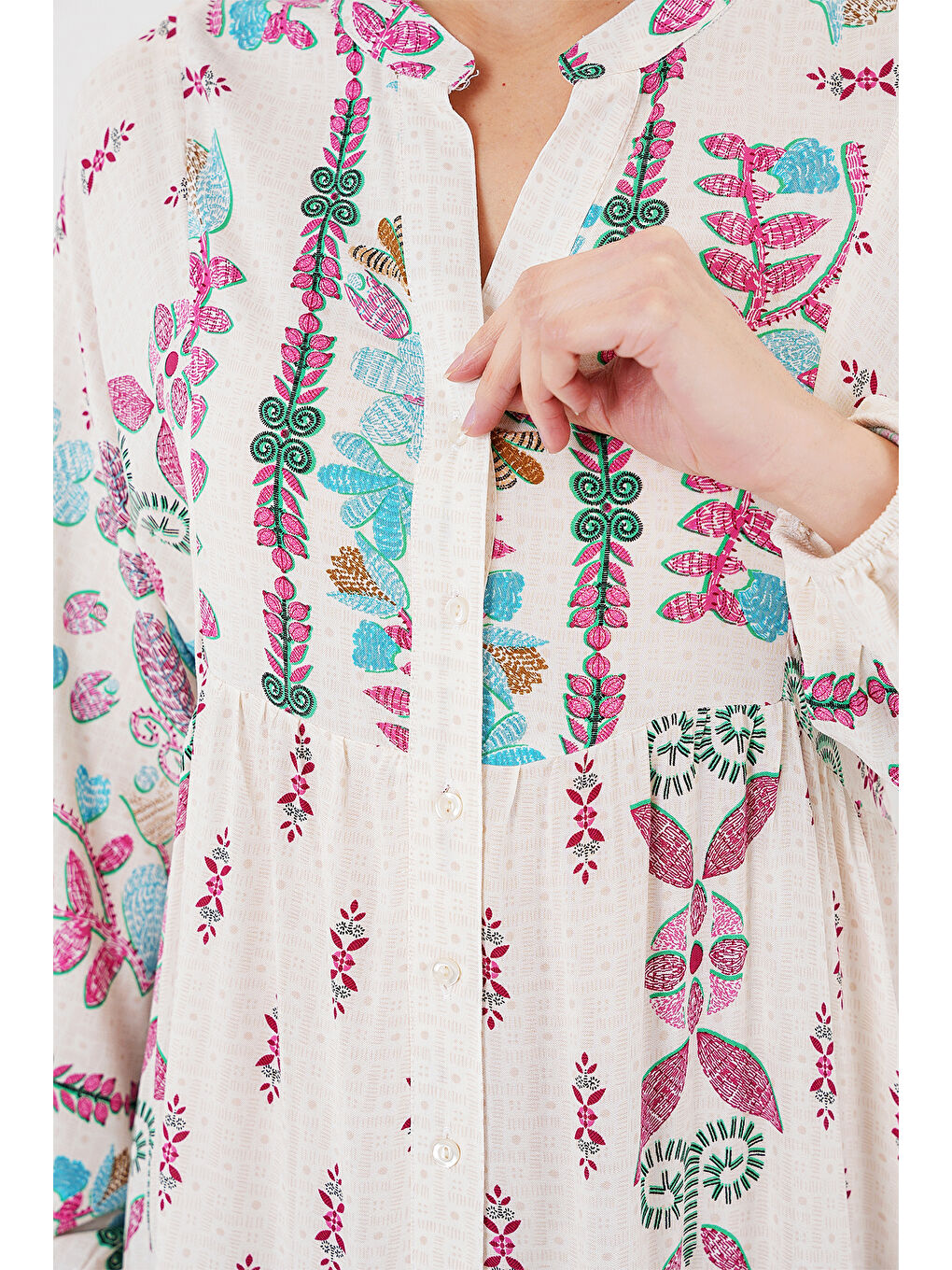 2423 Otantik Desenli Tesettür Elbise - B.Pembe-4