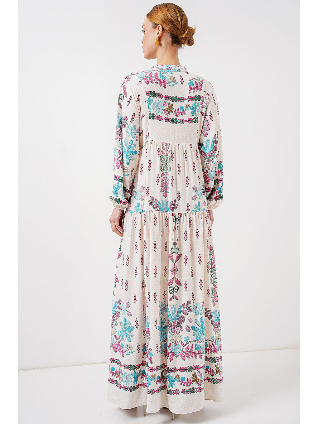 2423 Otantik Desenli Tesettür Elbise - B.Pembe-5