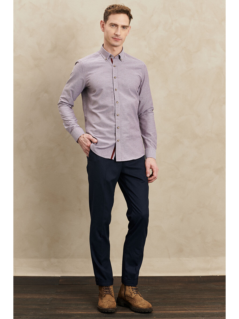 Erkek Bordo Slim Fit Dar Kesim Düğmeli Yaka Armürlü Gömlek-1