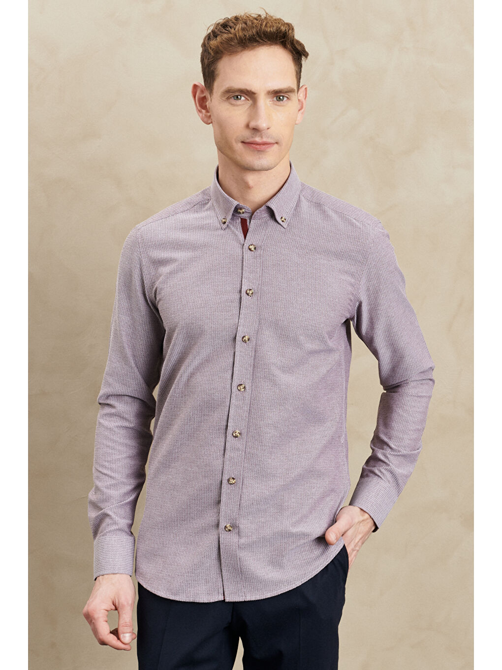 Erkek Bordo Slim Fit Dar Kesim Düğmeli Yaka Armürlü Gömlek-3