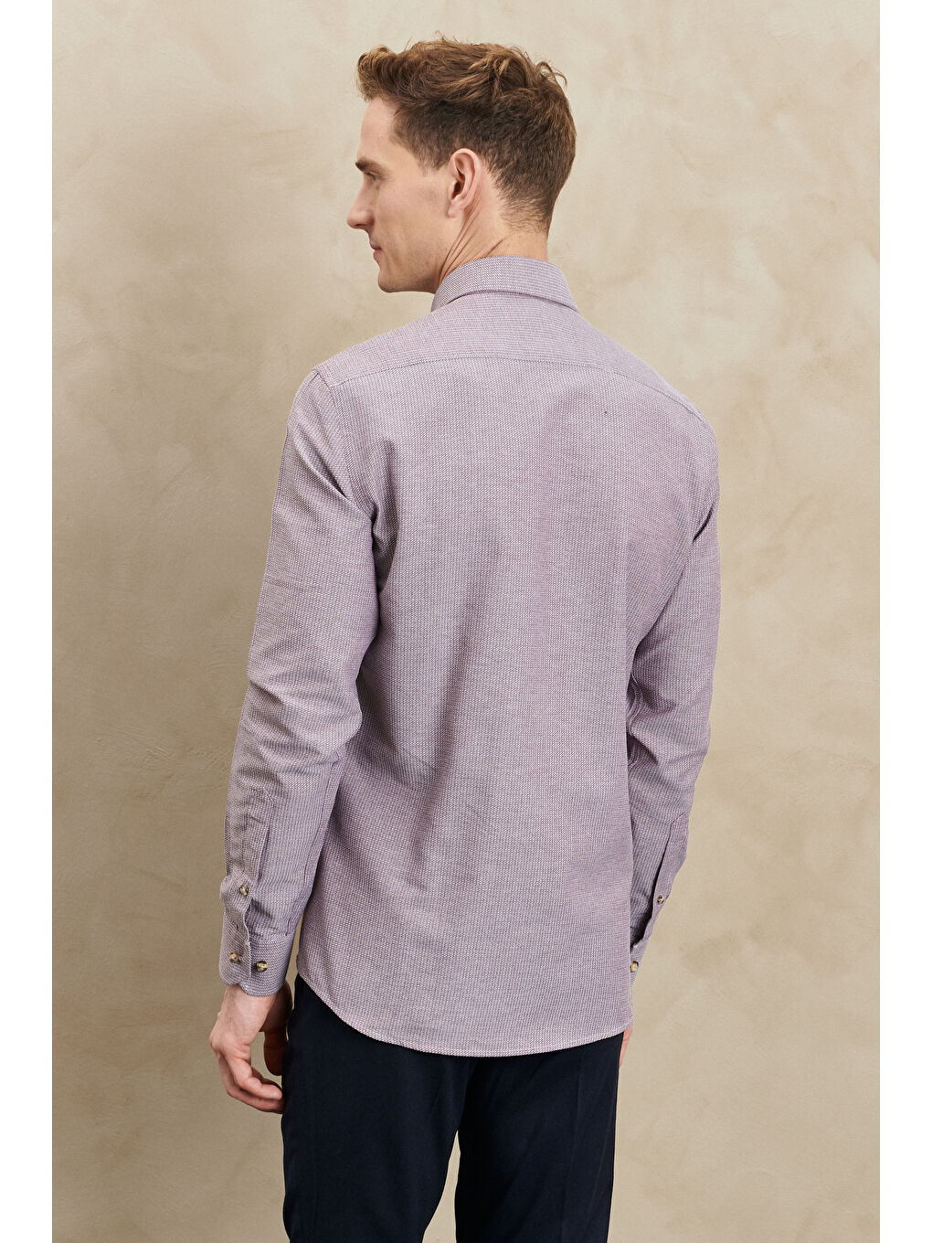 Erkek Bordo Slim Fit Dar Kesim Düğmeli Yaka Armürlü Gömlek-4