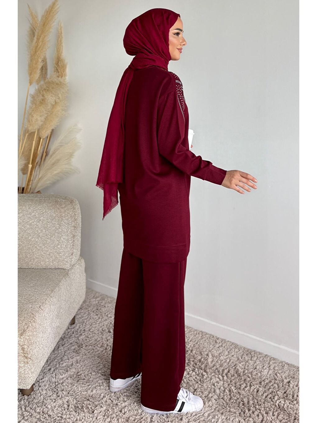 Bordo Bisiklet Yaka Taş İşlemeli Tunik Bel Lastikli Pantolon Tesettür İkili Takım-6