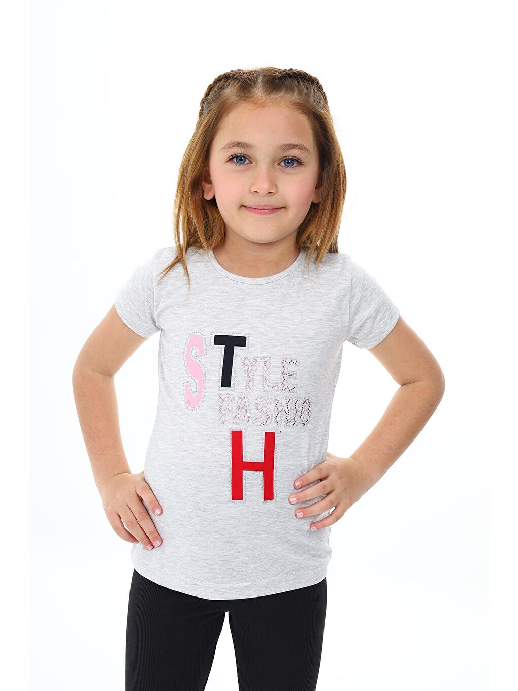 Gri Kız Çocuk Taş Süsleme ve Yazı Baskılı T-Shirt 3-13 Yaş Zu111-1
