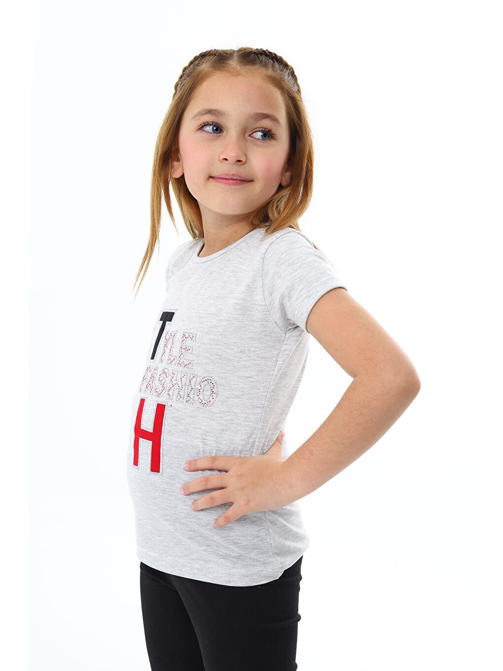 Gri Kız Çocuk Taş Süsleme ve Yazı Baskılı T-Shirt 3-13 Yaş Zu111-1-1