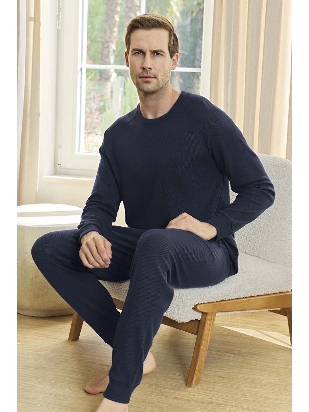 Erkek Waffle Uzun Kol Pijama Takımı 250651 Lacivert06