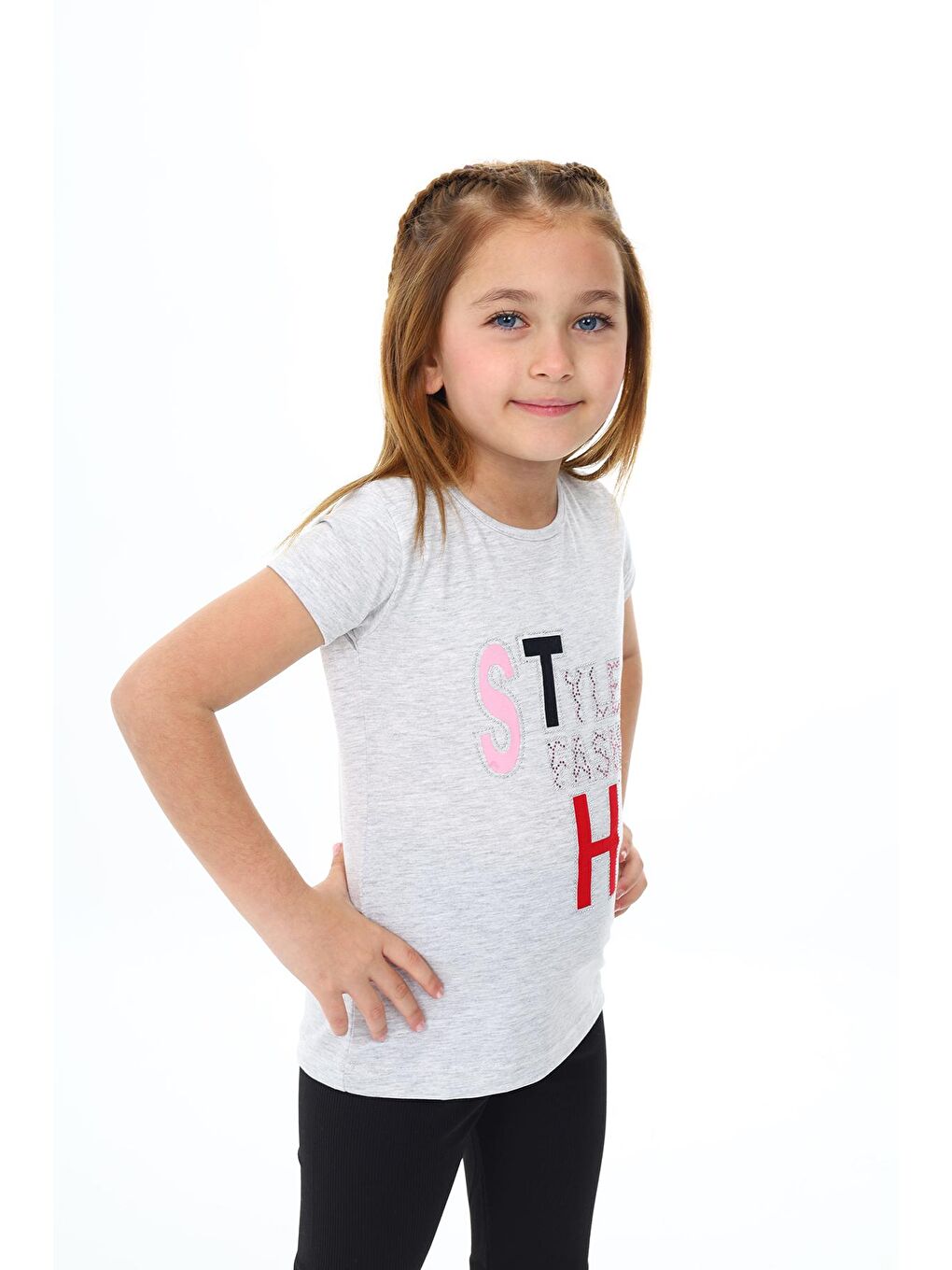 Gri Kız Çocuk Taş Süsleme ve Yazı Baskılı T-Shirt 3-13 Yaş Zu111-1-2