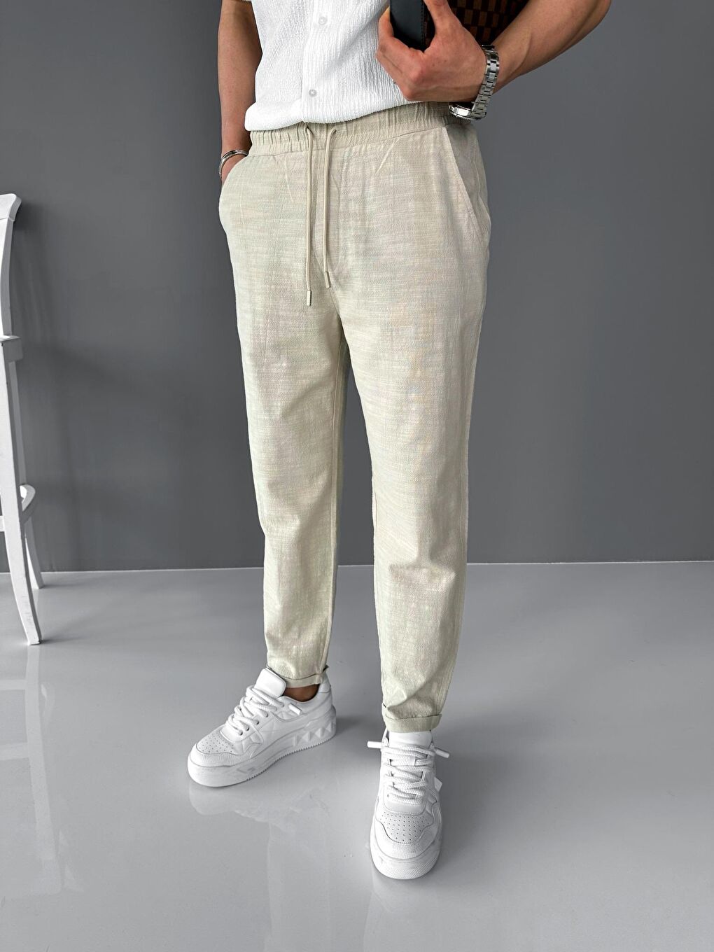 Rahat Kalıp Pamuklu Serin Tutan Beli Lastikli Yazlık Keten Erkek Pantolon Bej-1