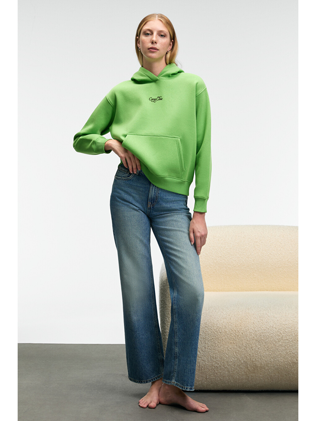Melurea Kadın Nakışlı Kapüşonlu Comfort Fit Fıstık Yeşili Sweatshirt-1