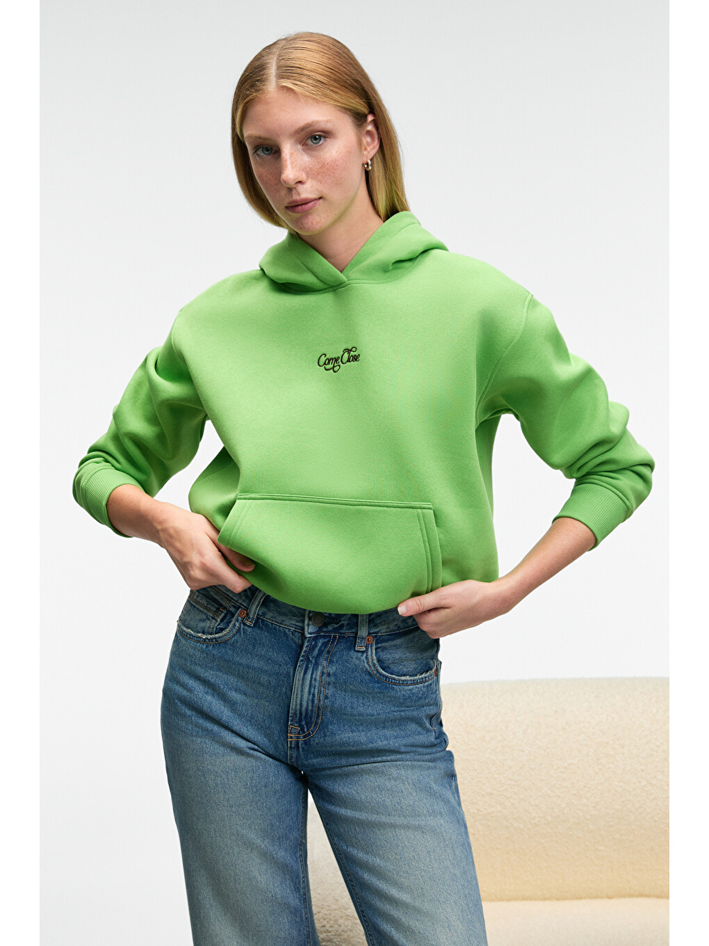 Melurea Kadın Nakışlı Kapüşonlu Comfort Fit Fıstık Yeşili Sweatshirt-2