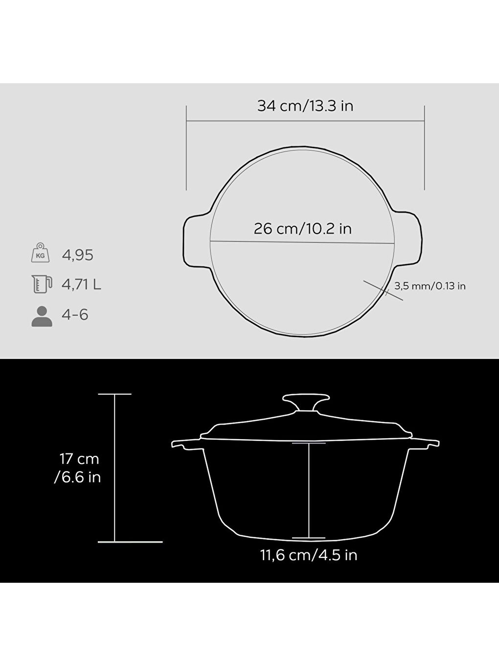 LAVA Siyah Yuvarlak Tencere Döküm Demir Yekpare Kulplu. Çap(Ø)26cm. - 4