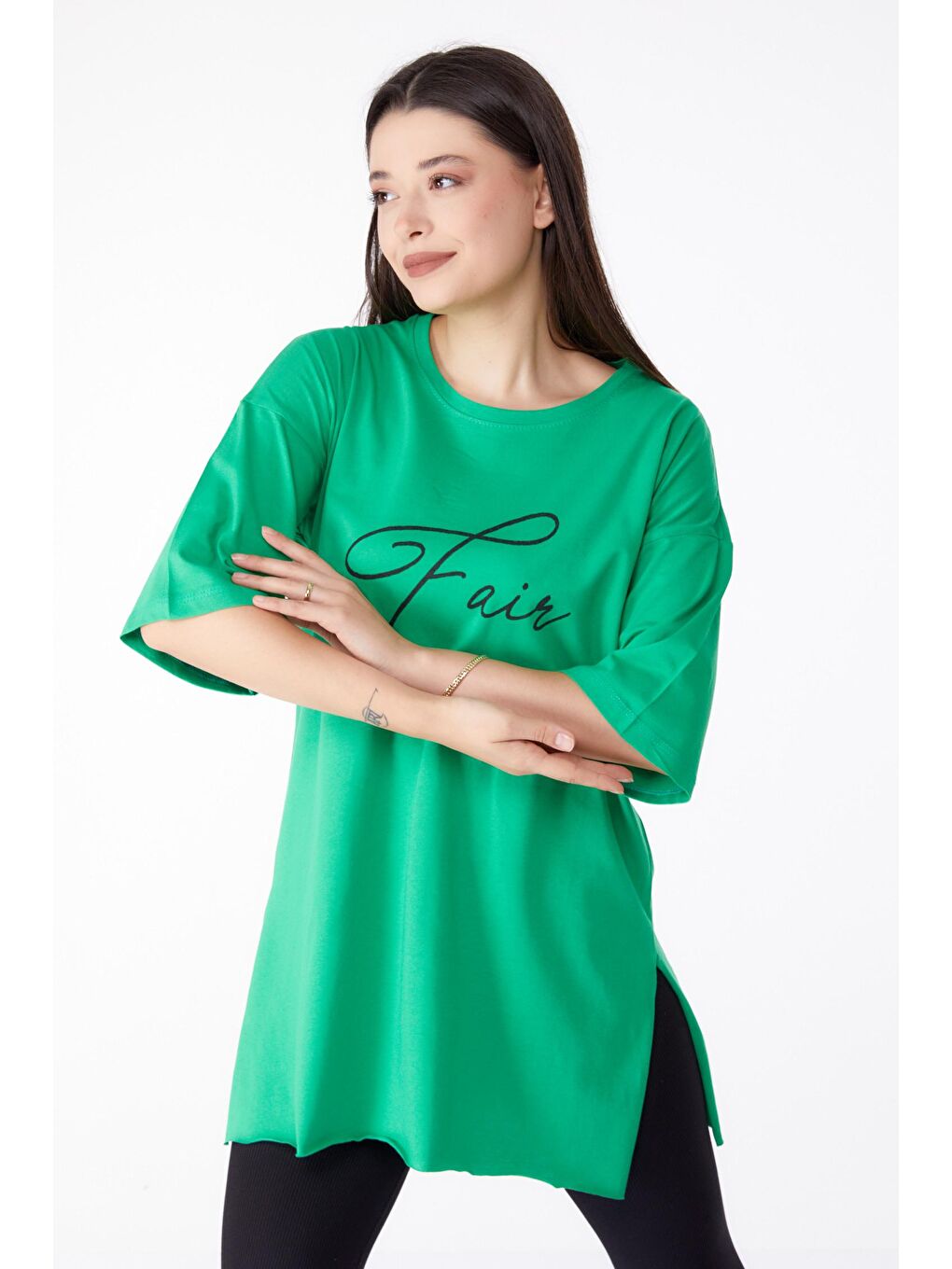 TOFİSA Yeşil Düz Bisiklet Yaka Kadın Yeşil Baskılı T-shirt - 25290 - 2